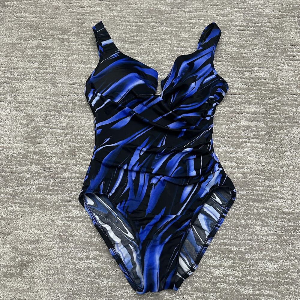Miraclesuit Swimsuit Womens 10 Blue Black One Piece Tummy Control Ruched Tank